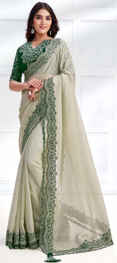 Green color Saree in Organza Silk fabric with Embroidered, Sequence, Thread work