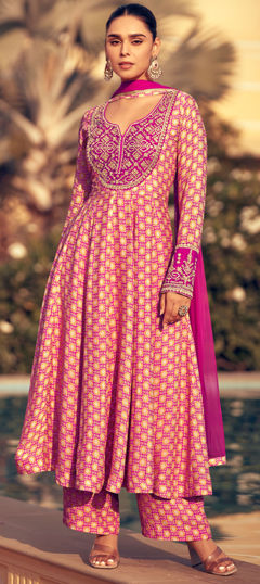 Pink and Majenta color Salwar Kameez in Silk fabric with Embroidered, Mirror, Sequence, Thread work