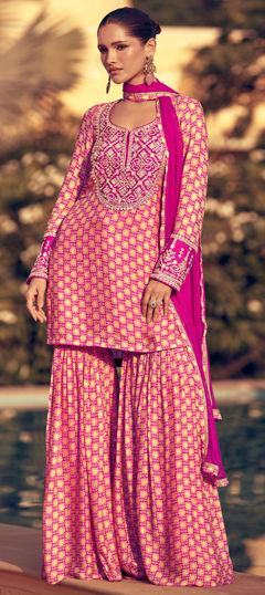 Pink and Majenta color Salwar Kameez in Silk fabric with Embroidered, Mirror, Sequence, Thread work