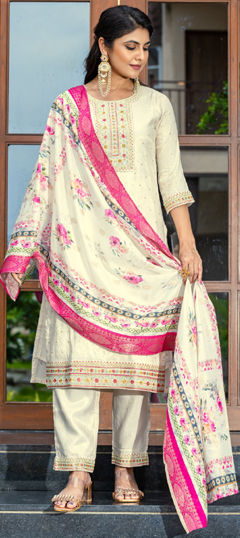 Beige and Brown color Salwar Kameez in Cotton fabric with Embroidered, Sequence, Thread work