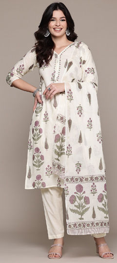 Beige and Brown color Salwar Kameez in Cotton fabric with Bugle Beads, Floral, Printed work