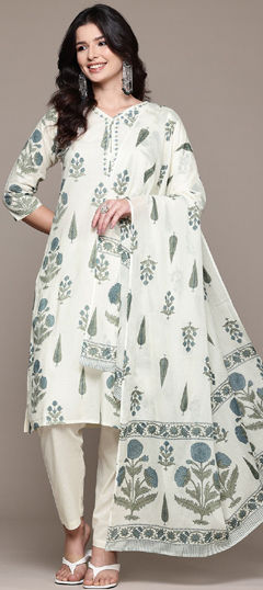 Beige and Brown color Salwar Kameez in Cotton fabric with Bugle Beads, Floral, Printed work