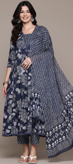 Blue color Salwar Kameez in Cotton fabric with Lace, Printed, Sequence, Thread work