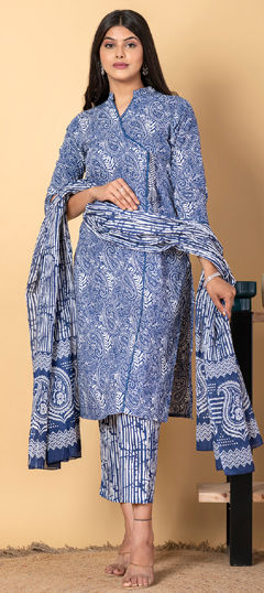 Blue color Salwar Kameez in Cotton fabric with Printed, Sequence work
