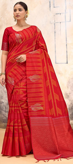 Red and Maroon color Saree in Silk fabric with Printed, Weaving work