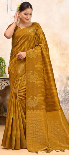 Gold color Saree in Silk fabric with Printed, Weaving work