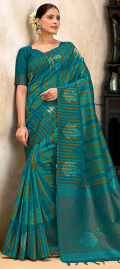 Blue color Saree in Silk fabric with Printed, Weaving work