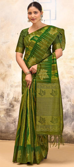 Green color Saree in Silk fabric with Printed, Weaving work