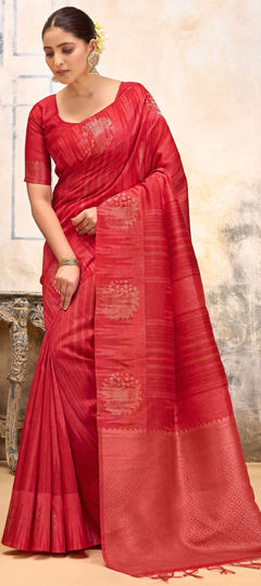 Red and Maroon color Saree in Silk fabric with Printed, Weaving work