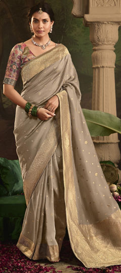 Beige and Brown color Saree in Silk fabric with Weaving, Zari work