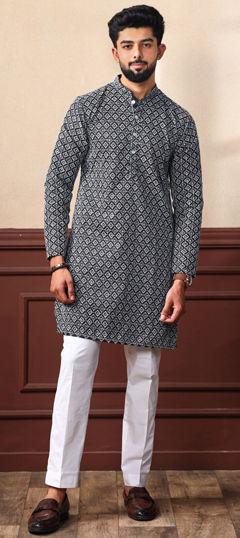 Black and Grey color Kurta Pyjamas in Silk cotton fabric with Embroidered, Resham, Thread work