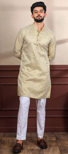 Beige and Brown color Kurta Pyjamas in Silk cotton fabric with Embroidered, Resham, Thread work