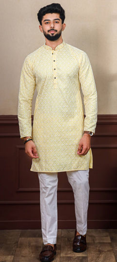 Yellow color Kurta Pyjamas in Silk cotton fabric with Embroidered, Resham, Thread work