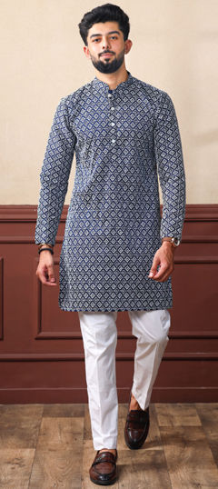 Blue color Kurta Pyjamas in Silk cotton fabric with Embroidered, Resham, Thread work