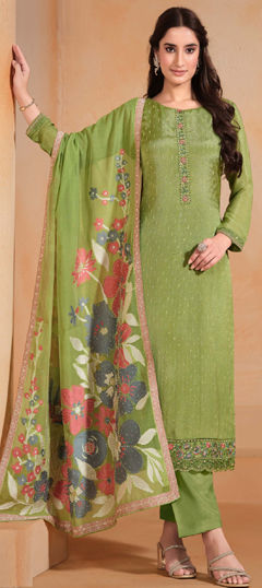 Green color Salwar Kameez in Chiffon fabric with Embroidered, Swarovski, Thread work