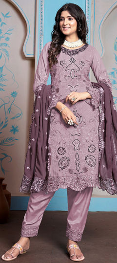 Pink and Majenta color Salwar Kameez in Faux Georgette fabric with Embroidered, Resham, Thread work