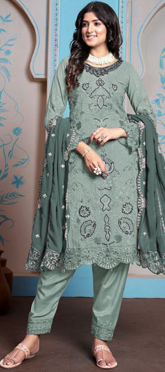 Green color Salwar Kameez in Faux Georgette fabric with Embroidered, Resham, Thread work