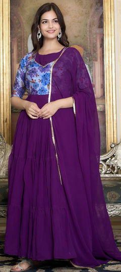 Purple and Violet color Gown in Faux Georgette fabric with Floral, Printed work