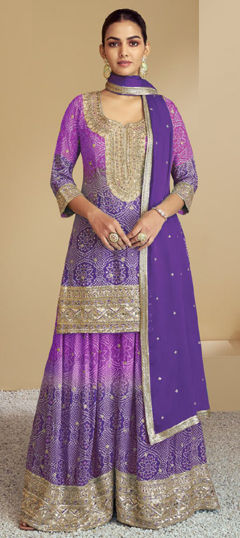 Pink and Majenta, Purple and Violet color Salwar Kameez in Silk fabric with Bandhej, Embroidered, Printed, Zari work