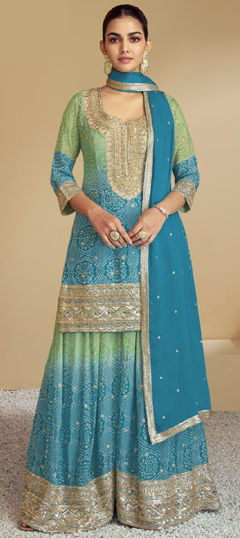 Blue, Green color Salwar Kameez in Silk fabric with Bandhej, Embroidered, Printed, Zari work