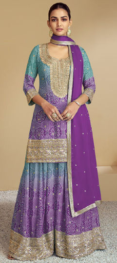 Pink and Majenta color Salwar Kameez in Silk fabric with Bandhej, Embroidered, Printed, Zari work