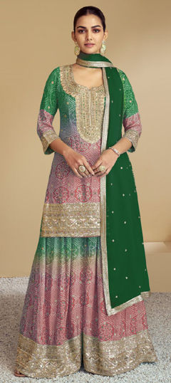 Green, Red and Maroon color Salwar Kameez in Silk fabric with Bandhej, Embroidered, Printed, Zari work