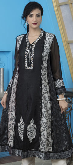 Black and Grey color Kurti in Handloom fabric with Embroidered, Mirror, Printed, Thread work