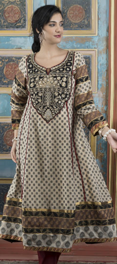 Beige and Brown color Kurti in Handloom fabric with Embroidered, Patch, Printed, Thread work