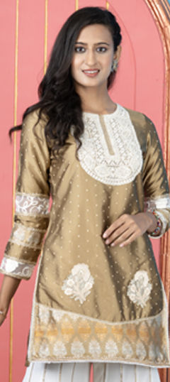 Gold color Kurti in Silk fabric with Embroidered, Patch, Thread, Zari work