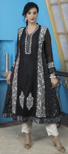 Black and Grey color Salwar Kameez in Handloom fabric with Embroidered, Mirror, Printed, Thread work