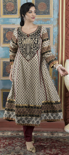 Beige and Brown color Salwar Kameez in Handloom fabric with Embroidered, Patch, Printed, Thread work