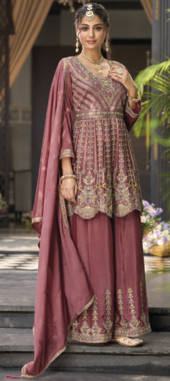 Pink and Majenta color Salwar Kameez in Silk fabric with Bugle Beads, Embroidered, Thread, Zari work