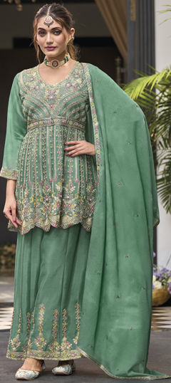 Green color Salwar Kameez in Silk fabric with Bugle Beads, Embroidered, Thread, Zari work