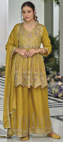 Yellow color Salwar Kameez in Silk fabric with Bugle Beads, Embroidered, Thread, Zari work