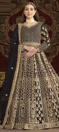 Black and Grey color Salwar Kameez in Net fabric with Embroidered, Sequence, Thread, Zari work