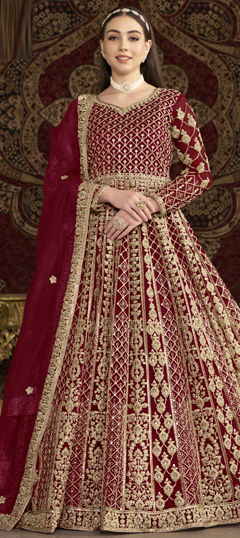 Red and Maroon color Salwar Kameez in Net fabric with Embroidered, Sequence, Thread, Zari work
