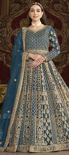 Blue color Salwar Kameez in Net fabric with Embroidered, Sequence, Thread, Zari work