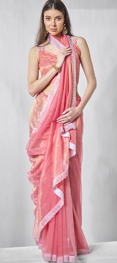 Pink and Majenta color Saree in Tissue fabric with Lace work