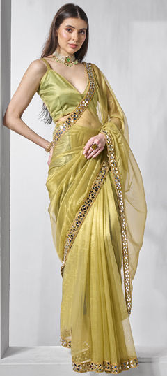 Green color Saree in Tissue fabric with Lace work