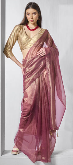 Pink and Majenta color Saree in Tissue fabric with Lace work