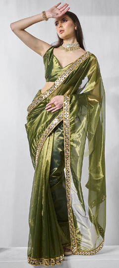 Green color Saree in Tissue fabric with Lace work