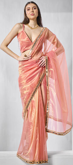 Orange color Saree in Tissue fabric with Lace work