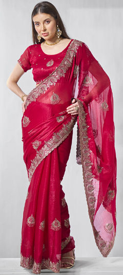 Red and Maroon color Saree in Chiffon fabric with Embroidered, Thread work