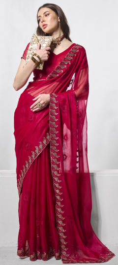 Red and Maroon color Saree in Chiffon fabric with Embroidered, Thread work