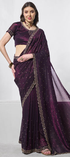 Purple and Violet color Saree in Chiffon fabric with Stone work