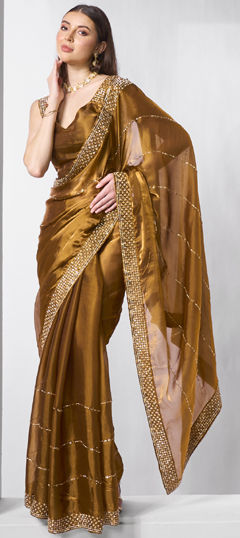 Beige and Brown color Saree in Silk fabric with Border, Sequence work