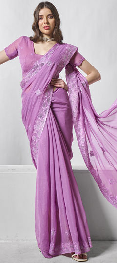 Purple and Violet color Saree in Chiffon fabric with Embroidered, Resham, Thread work