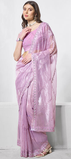 Purple and Violet color Saree in Tissue fabric with Embroidered, Resham, Thread, Zari work