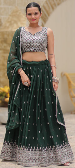 Green color Lehenga in Faux Georgette fabric with Embroidered, Sequence, Thread work