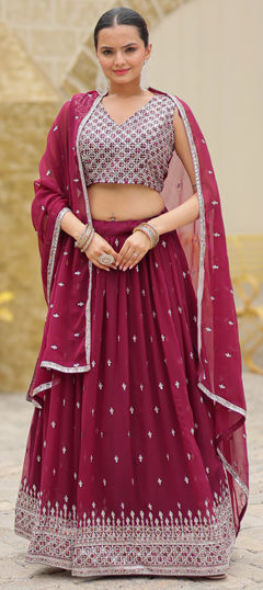 Red and Maroon color Lehenga in Faux Georgette fabric with Embroidered, Sequence, Thread work
